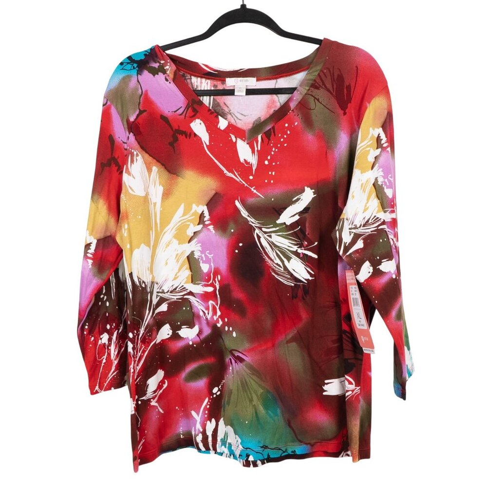 Boho Abstract Shirt XL Bright VNeck Red Yellow Stretch Fairy Festival Whimsy - Picture 1 of 6